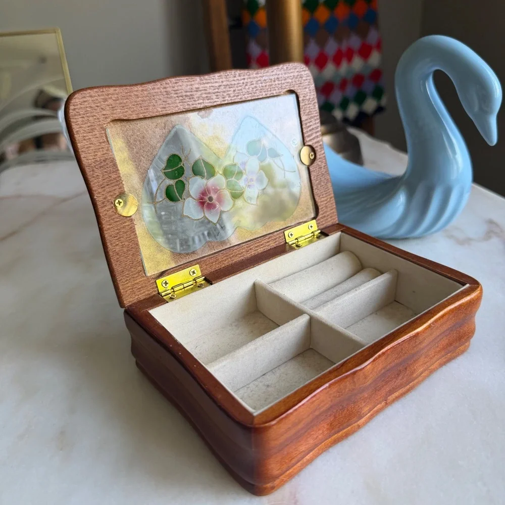 Vintage Wood Jewelry Box‎ Double Heart Floral Glass Inlay Trinket Box Organizer